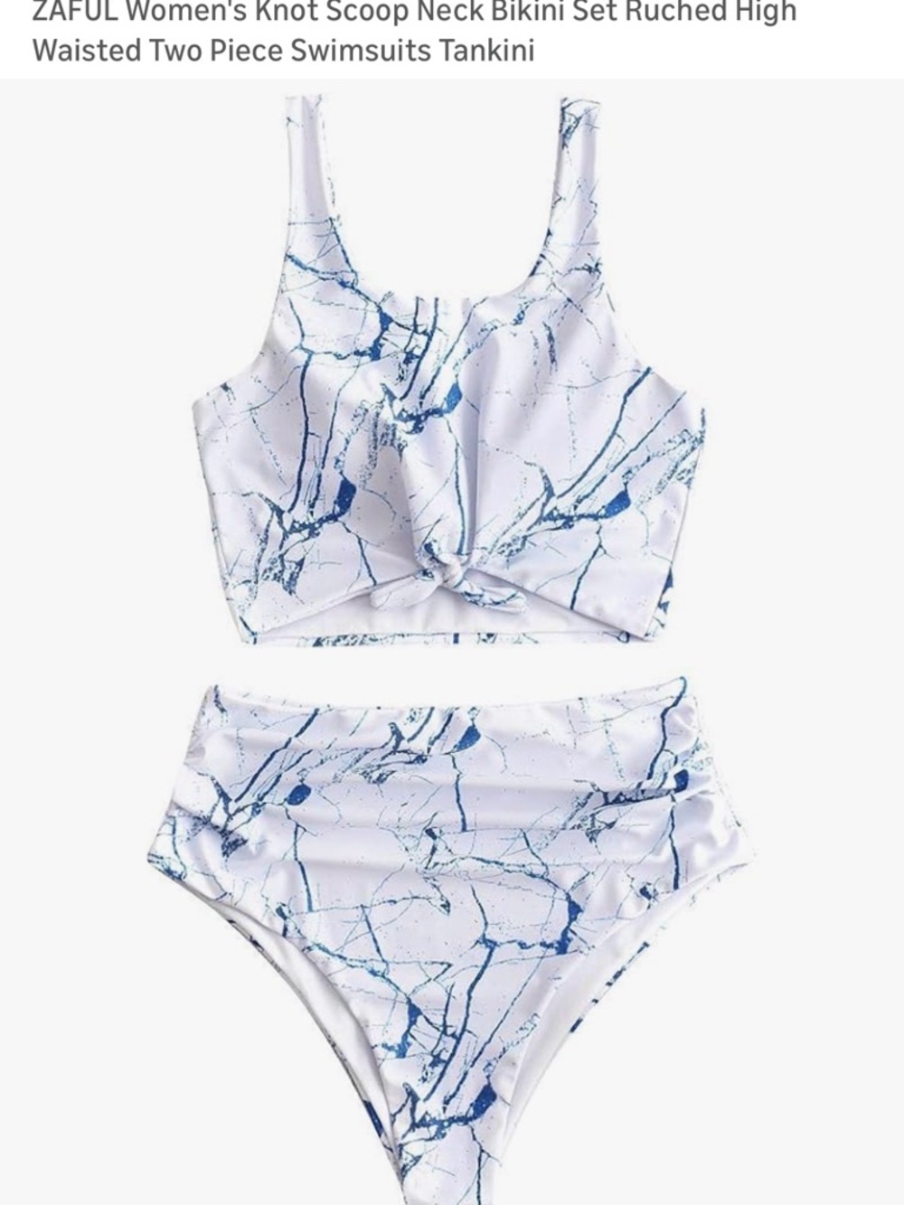 Women’s Marble-Print High Waisted Two-Piece Swim Set - White & Blue